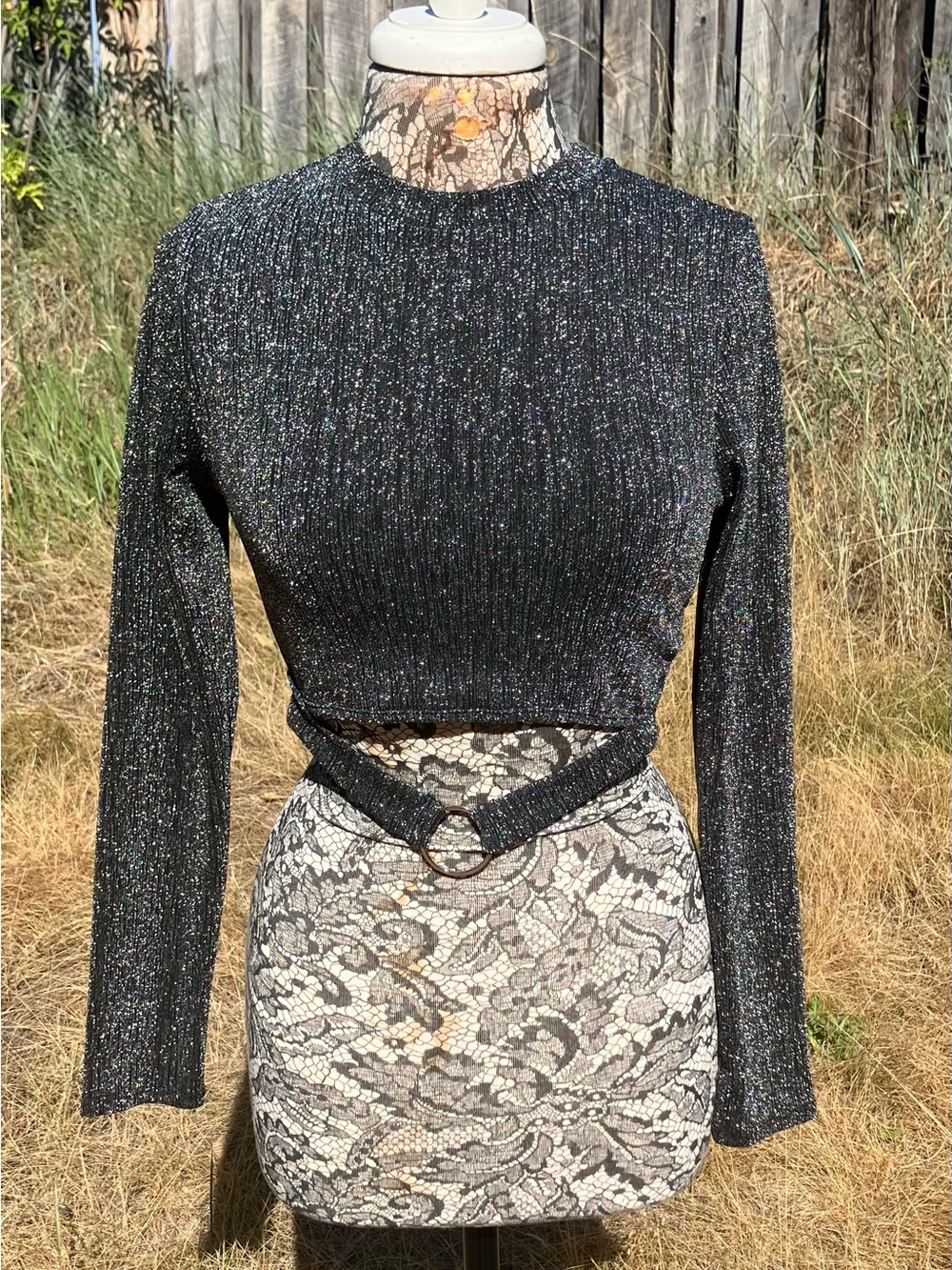 love J Black Shimmery Ribbed Long-Sleeve Crop Top with Ring Belt